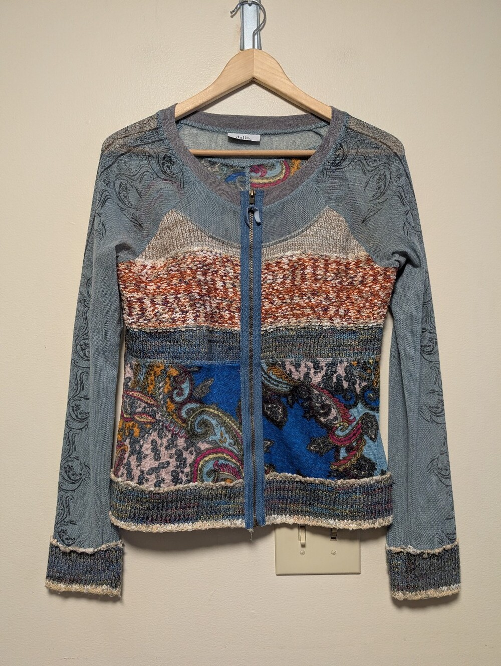Dalin Medium Boho Patchwork Zip Cardigan Paisley Knit Jacket
